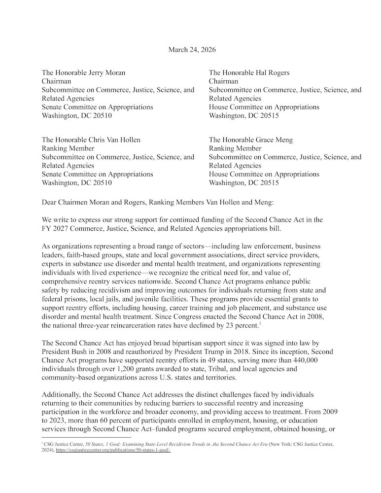 (03/24/26): Second Chance Act Funding Support Letter