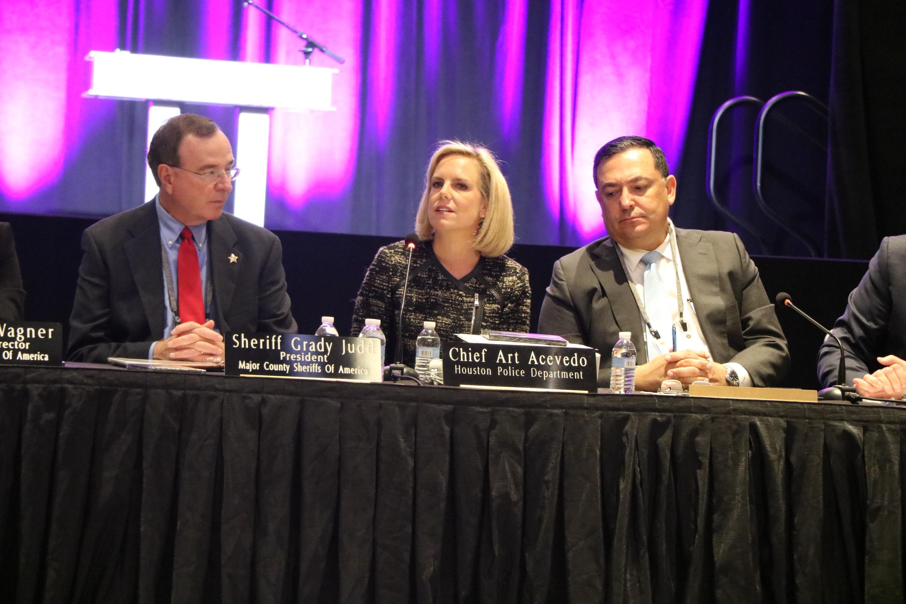 U.S. Secretary of Homeland Security Kirstjen M. Nielsen with the Secretary are MCSA President Sheriff Grady Judd and MCCA President Chief Art Acevedo